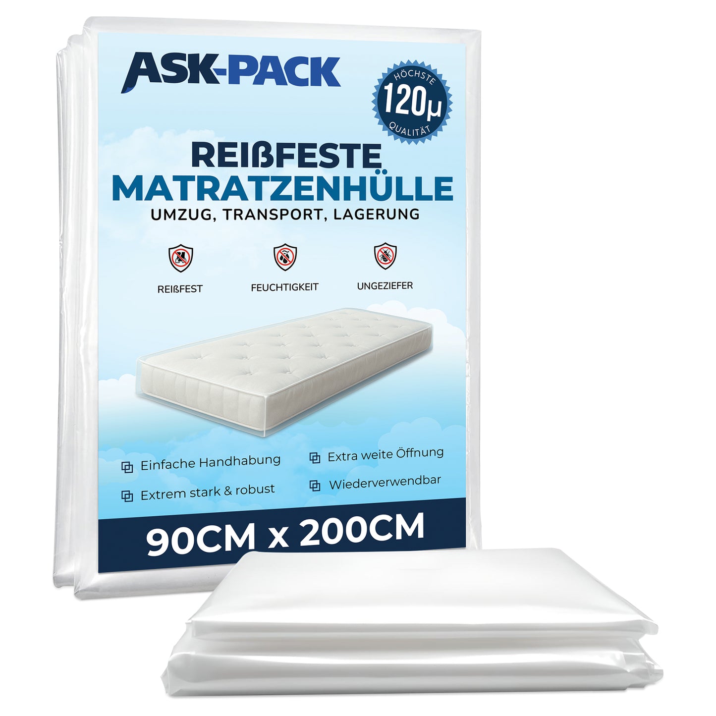 Matratzenhülle 90 x 200 cm – Extra dicke 120 µm Schutzhülle für Matratzen – Reißfester Staubschutz für Umzug,Transport & Einlagerung – ASK Pack